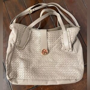 Giorgia Milani M Woven Quilted Leather Large Tote Shoulder Bag Greige Italy
